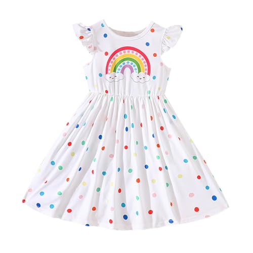 Poo4kark Christmas Fille Mittleren Kleinen Kindern Mädchen Regenbogen Kleine Fliegen Ärmel Polka Dot Kleid (White, 3-4 Years) von Poo4kark