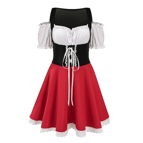 Poo4kark Damen Halloween Vintage Kleid Oktoberfest Kurzarm Bier Kleid Bühnenauftritt Kleid (Red, L) von Poo4kark