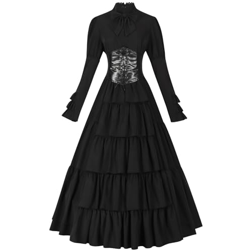 Poo4kark Damen Vintage Retro Gothic Langarm Kapuzenkleid Langes Kleid Kleider (Black, S) von Poo4kark