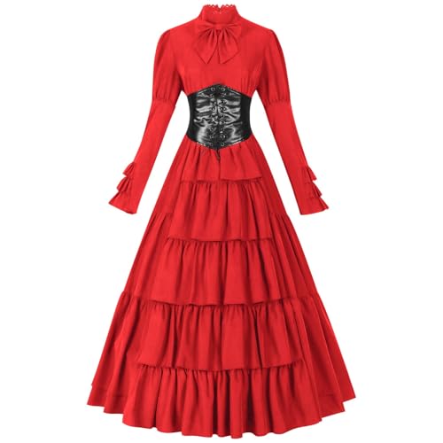 Poo4kark Damen Vintage Retro Gothic Langarm Kapuzenkleid Langes Kleid Kleider (Red, XL) von Poo4kark