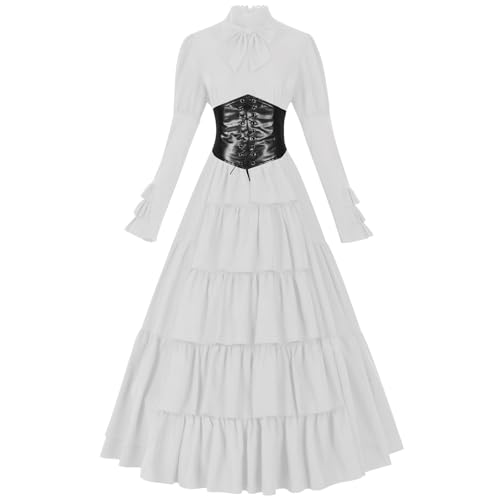 Poo4kark Damen Vintage Retro Gothic Langarm Kapuzenkleid Langes Kleid Kleider (White, M) von Poo4kark