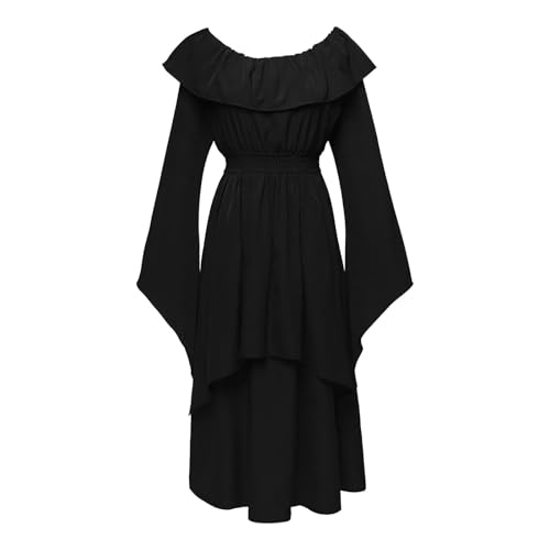 Poo4kark Halloween Damen Mittelalterliches Vintage Langes Kleid Kostüm Rollenspiele Solide Vintage Robe (Black, XXL) von Poo4kark