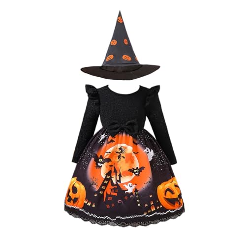 Poo4kark Halloween Fille Mittleren Kleinen Kinder Mädchen Frühling Halloween Kürbis Urlaub Kleid (Black, 2-3 Years) von Poo4kark