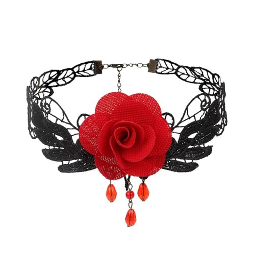 Poo4kark Halloween Layer Quaste Spitze Choker Gothic Lolita Vintage Halskette für Retro Charme (Red, One Size) von Poo4kark