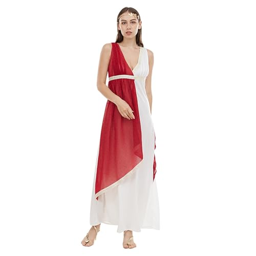 Poo4kark Halloween Outdoor Antikes griechisches Toga-Kostüm für Damen, römisches Kostüm, Robe, Halloween, Cosplay-Kostüm mit Blattgold-, Kopfbedeckung (Red, M) von Poo4kark