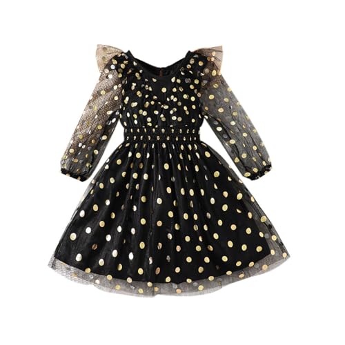 Poo4kark Outdoor Kinder Frühling Goldene Polka Dot Tüll Kleid Für Mädchen (Black, 5-6 Years) von Poo4kark