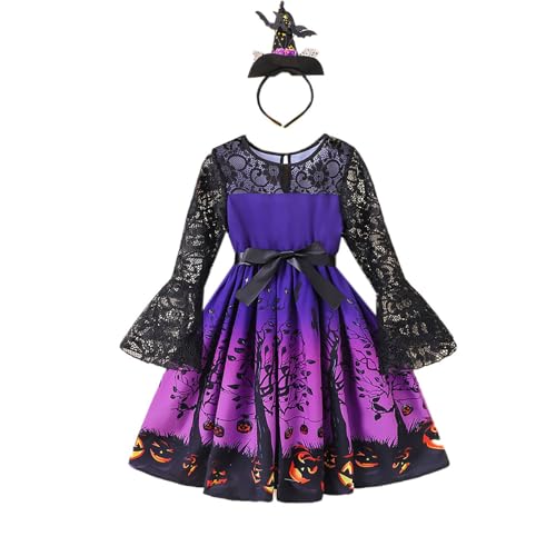 Poo4kark Weihnachten Cuhk Kinder Frühlings- -Halloween-bedrucktes Langarmkleid für Mädchen (Purple, 6-7 Years) von Poo4kark