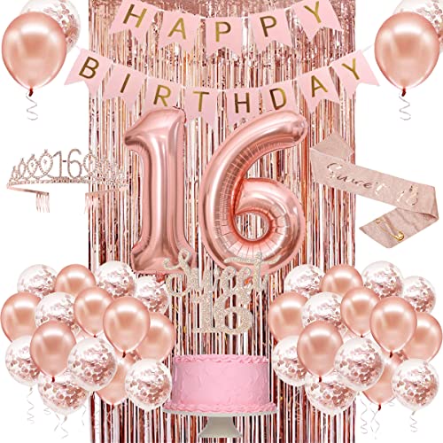 Sweet 16 Party Dekorationen für Mädchen, Happy 16th Birthday Banner Cake Topper Luftballons Schärpe und Tiara, Roségold 16 Geburtstag Party Supplies für Mädchen von PopularLdo