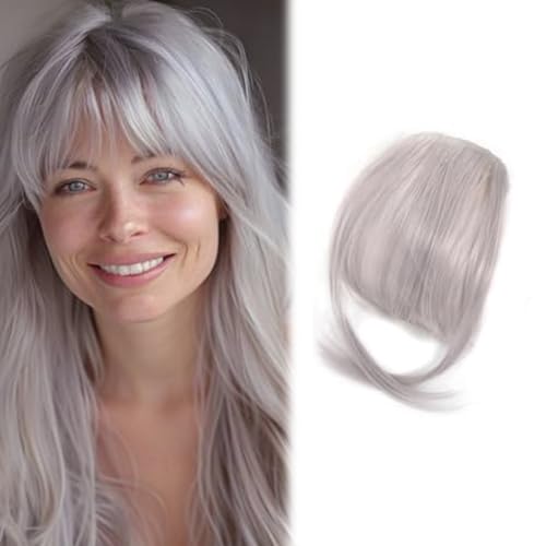 Clip in Pony for Women 9.8 Natürlicher Clip auf Pony Silber graue Luftschlitzhaarclip mit unsichtbarem Netz atmungsaktiven, schlaubaren, schneidbaren Waschbemerchen gefälschten Knalls von Porgeel