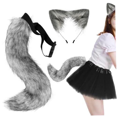 Faux Pel Fuchs Ohren und Schwanzset, pelzige Wolf Ohren und Schwanz, süßer tierischer Schwanz und Ohren Stirnband für Cosplay -Party, Maskerade dunkelgrau von Porgeel