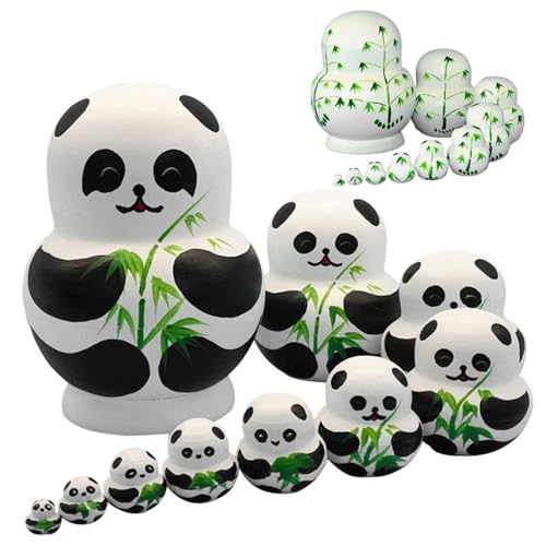 Nistpuppen 1 Set (10pcs) Panda Design Matryoshka Puppe süße Cartoon Matrioshka mit Bambusmuster Holz Russische Nistpuppen für Kinder von Porgeel