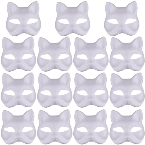 Porgeel Katzengesichtsmaske 15pcs Halbfuchsmaske weiße Therian Maske DIY Lackierbare leere Maskerade -Masken mit Gummibandtier von Porgeel