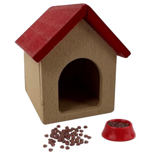 Porgeel Miniaturhundhaus mit Hundeschale und Hundefutter 1:12 Puppenhaus Zwinger hölzerne Haustier House Dollhouse Möbel für Dollhouse Accessoires Dekoration von Porgeel