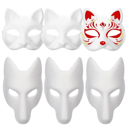 Porgeel Therian-Maske 3 Stück Katzenmaske und 3 Stück Fuchsmaske DIY bemalbar Leere Katzenmaske Therian mit Gummiband weiße Tiermaske für Kinder Maskerade Party Cosplay Halloween von Porgeel