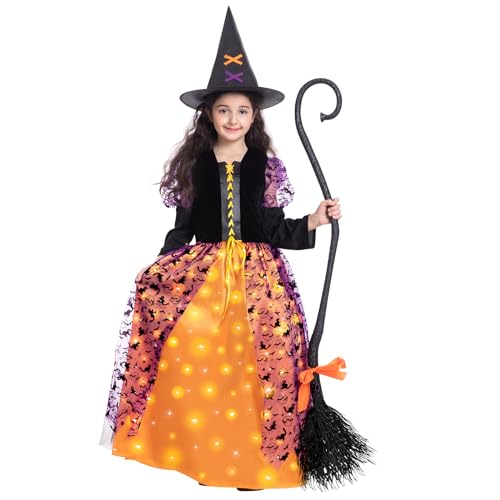 Halloween Hexenkostüm für Mädchen, beleuchtetes Hexenkleid, Deluxe-Kostüm mit Hut und Besen, funkelnde Hexenkostüme für Kinder, Halloween-Kostüm (XL) von Poshetion