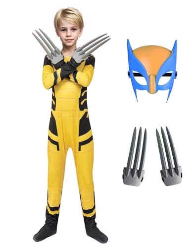 Jungen-Helden-Body, Gelb, Halloween, Cosplay, Spandex, Overall mit Maske, 5–12 Jahre von Poterloy