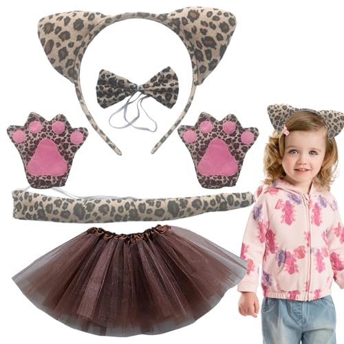 Katzenohren-Stirnband mit Leopardenmuster, 5-teiliges Set, Katzenohren-Kostüm, Leoparden-Kostüm, Halloween, Tutu-Krallen, Stirnband, Schwanz, Tiere, Cosplay-Set für Mädchen, Kinder, von Poupangke