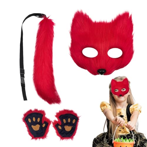 Poupangke Cosplay-Kostüm-Set – weiche pelzige Kleidung, Katzengesichtsabdeckung, Schwanzpfoten-Handschuhe, lustiges Cosplay-Zubehör, Urlaubstier-Outfit-Set für Halloween, Kostümpartys und Cosplay von Poupangke