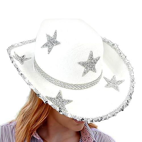 Poupangke Glitzer-Cowgirl-Hut, glitzernde Cowboy-Hüte für Damen | Filz-Stern-Cowboyhut für Damen,Bunter Cowgirl-Hut, Halloween-Kostüm für Feier, Tanz, Hochzeit von Poupangke