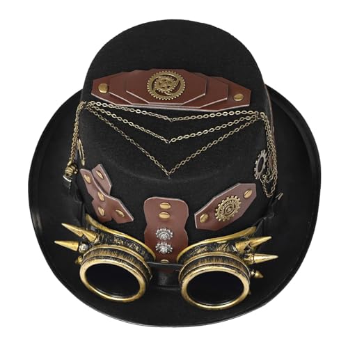 Poupangke Gothic-Steampunk-Hüte für Herren, Kostüm-Kopfbedeckung, Halloween-Hut mit abnehmbarer Brille, Verkleidungszubehör, Kostüm für Herren für Halloween-Maskerade von Poupangke