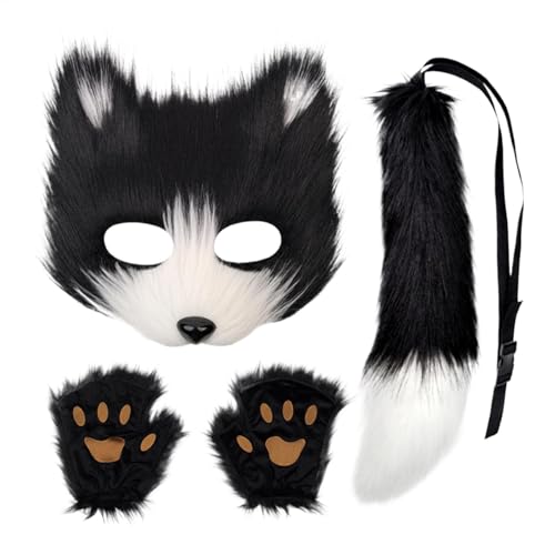 Poupangke Halloween Fox Face Cover | Soft Furry Clothing Cat Face Cover Tail Paw Gloves Set - Funny Cosplay Accessories, Holiday Animal Outfit Set For Halloween, Costume Parties And Cosplay von Poupangke