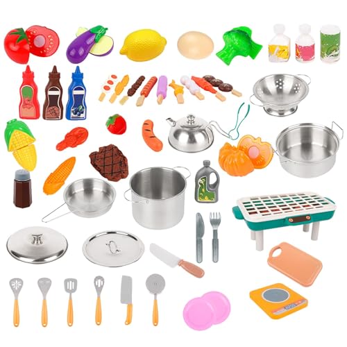 Poupangke Küchengeräte für Kleinkinder,Kinderküchen-Spielset | Kindersicheres Küchenset | 52-teiliges Kochgeschirr für Kleinkinder, zum Spielen, Kochen, frühes Lernen, Küchenspielzeug-Set für Kinder von Poupangke