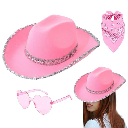 Poupangke Pailletten-Cowboyhut, Cowgirl-Kostüm für Damen | Bling Jazzhut mit Brillenkopftuch - 3er-Pack Cowgirl-Hut mit Herz-Brille, Bandana, Festival- -Zubehör für Karneval von Poupangke