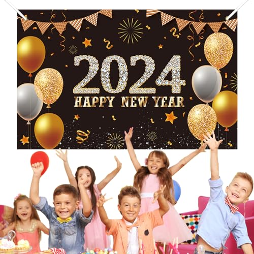 Poupangke Silvester-Hintergrund – Schwarz-Gold, 180,3 x 114,3 cm, Neujahrs-Banner, Hintergrunddekorationen, Happy , Fotografie-Hintergrundbanner von Poupangke