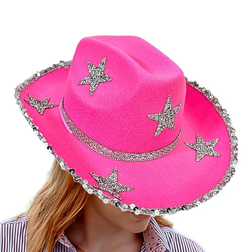 Poupangke Western-Cowgirl-Hut,Strass-Cowgirl-Hut - Filz-Stern-Cowboyhut für Damen - Bunter Cowgirl-Hut, Halloween-Kostüm für Feier, Tanz, Hochzeit von Poupangke