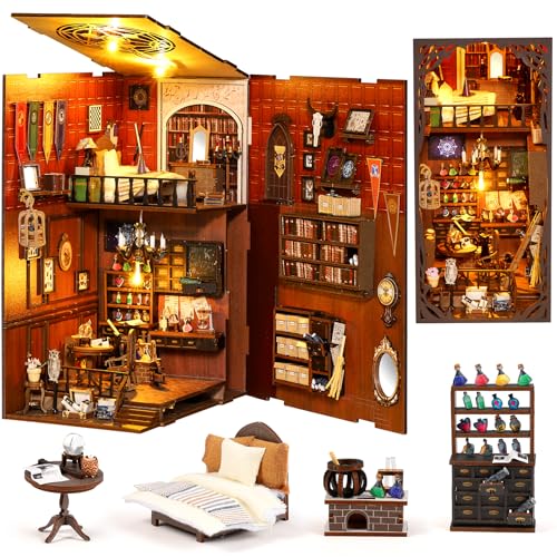 Pourbibi Book Nook Kit, DIY Miniature Haus, Puppenhäuser Miniatur Haus Kit mit LED-Licht, 3D Puzzle Buchstützen aus Holz, Modellbausätze für 14+, Book Nook Bausatz für Erwachsene (Magisches Haus) von Pourbibi