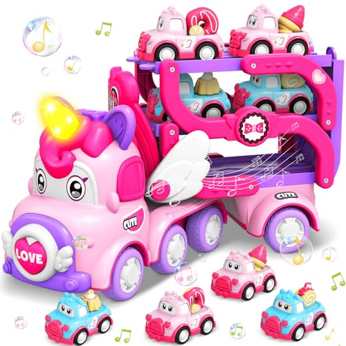 Pourbibi Auto Spielzeug ab 2 Jahre Mädchen, Autotransporter LKW Spielzeug mit Licht und Musik, Kinderspielzeug ab 1 2 3 4 5 Jahre - Geburtstag Weihnachten Einhorn Geschenke für Mädchen von Pourbibi