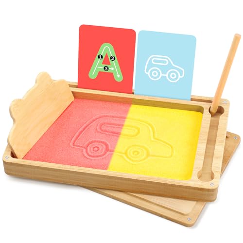 Pourbibi Holz Montessori Sand Schreibtafel Kinder Spielzeug, Buchstaben Lernen und Zeichen Spielzeug, Lernspielzeug Geschenke für Kinder ab 3-6 Jahre alt Junge Mädchen Geburtstag Weihnachten Geschenk von Pourbibi