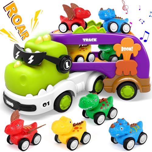 Pourbibi Spielzeug ab 2 Jahre Junge, 5 in 1 Dinosaurier Transport Truck Spielzeug ab 2 3 4 Jahre, Kinderspielzeug Auto LKW Spielzeug mit Licht und Musik, Jungen Spielzeug Weihnachten Geschenk von Pourbibi