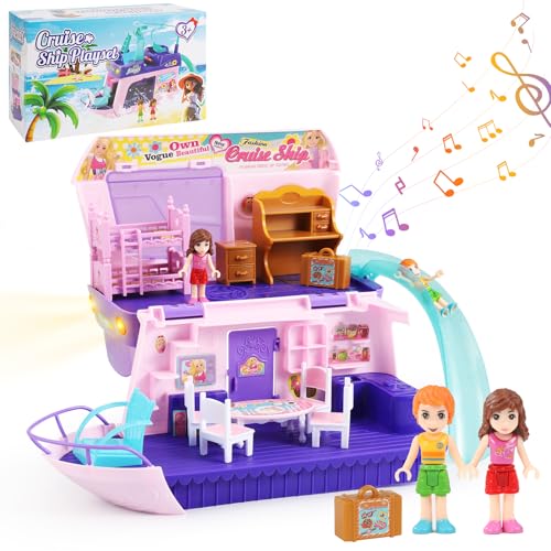 Pourbibi Spielzeug ab 3 Jahre Mädchen, Kreuzfahrtschiff Spielset mit Lichtern und Musik, 2 Figuren, Viele Zubehörteile, Rollenspiel Spielzeug ab 2 3 4 5 Jahre, Geschenke für Mädchen ab 3-6 Jahre von Pourbibi