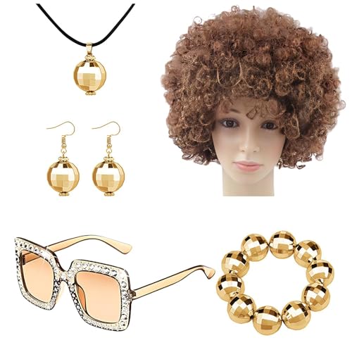 70er-Jahre-Disco-Accessoires für Damen,Disco-Schmuck für Damen 70er-Jahre - Rapper-Kostüm Bling 5-teiliges 70er-Jahre-Disco-Kostüm-Set,Halskette, Afro-Perücke, Ohrringe, Armband für Männer und Frauen, von Povanjer