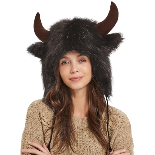 Bison Hut mit Hörnern, Plüsch-Horn-Hut, Wintermütze, Ohr-Kopfbedeckung für Männer und Frauen für Tier-Cosplay, Pelzhut für Outdoor-Kaffee von Povanjer