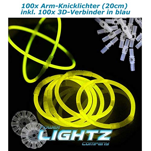 Power Lightz 100 Stück 20cm Knicklichter/Armbänder inkl. 100 x 3D-Verbinder, 2 x Ball- und Flexverbinder in Gelb für Party, Disco, Festival oder Fasching von Power Lightz