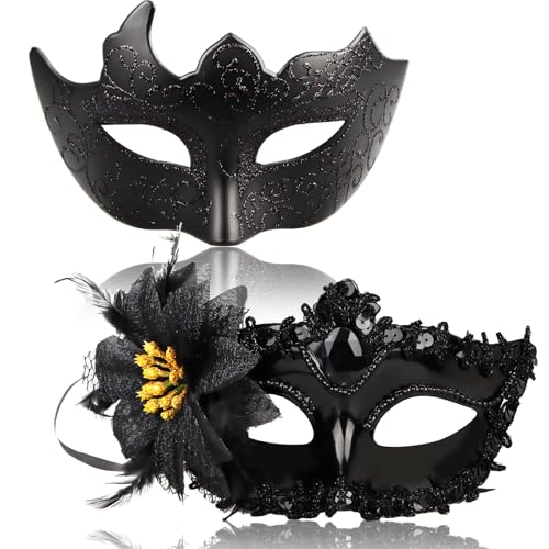 2 Stück Maskenball Maske Schwarz, Venezianische Maske Damen Herren, Masquerade Maske Venezianisch, Schwarze Masken Kostüm für Karneval Fasching Cosplay Party von Powmag