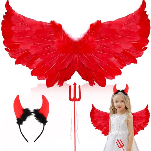 Engel Kostüm Damen, 3 Stück Fasching Teufel Kinder, 60CM Engelsflügel mit Heiligenschein und Zauberstab, Karneval Kostüm Damen Flügel für Cosplay Party Fasching (Rot) von Powmag