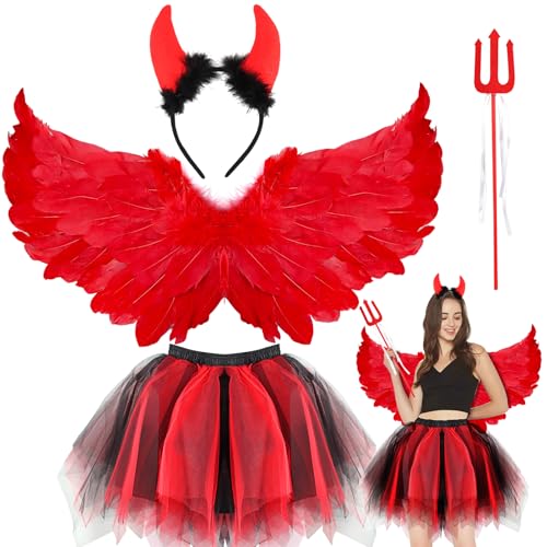 Powmag Engel Kostüm Damen, 4 Stück Rot Engel Kostüm Erwachsene, 80CM Engelsflügel, Tüllrock Damen mit Heiligenschein und Zauberstab, Tutu-Rock, Engel Teufel Flügel für Karneval Cosplay Fasching (Rot) von Powmag