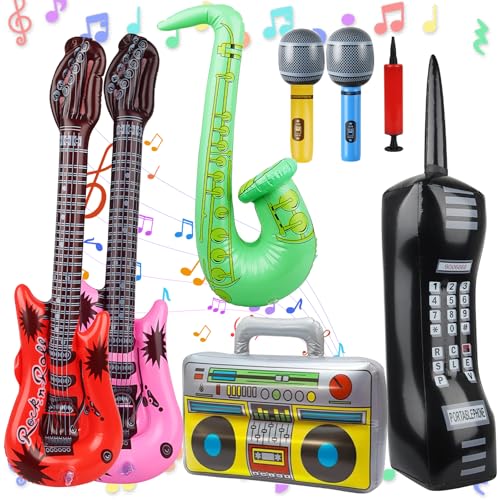 Aufblasbare Musikinstrumente, Aufblasbare Party Props Aufblasbare Instrumente, Aufblasbare Instrumente Spielzeug Set, Aufblasbare Rock Instrumente Spielzeug Gitarren Handy Radio Mikrofone Saxophon von Powmag