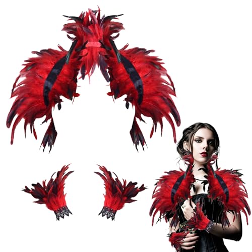 Federkragen Rot mit 1 Paar Feder Manschetten, Maleficent Kostüm Damen, Federumhang-Schal Rot Damen, Gothic Feder Cape, Pfau Kostüm, für Karneval Cosplay Fasching (Rot) von Powmag