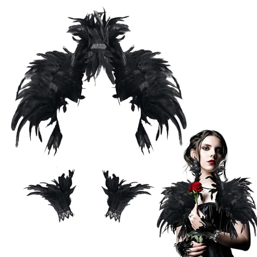 Federkragen Schwarzer mit 1 Paar Feder Manschetten, Maleficent Kostüm Damen, Federumhang-Schal Schwarz Damen, Gothic Feder Cape, Pfau Kostüm, für Karneval Cosplay Fasching (Schwarz) von Powmag