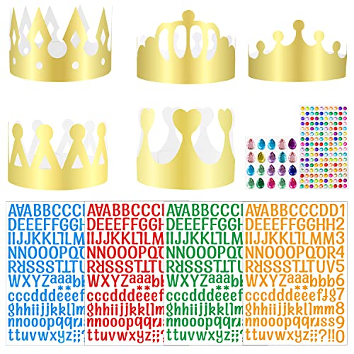 Powmag Goldene Papierkronen, 5Pcs Golden Paper Crowns, Party Hats Crown mith Self-Adhesive Diamond Sticker Gemstones, mith buchstaben aufkleber, Junge Mädchen Prinzessin Geburtstagsfeier von Powmag