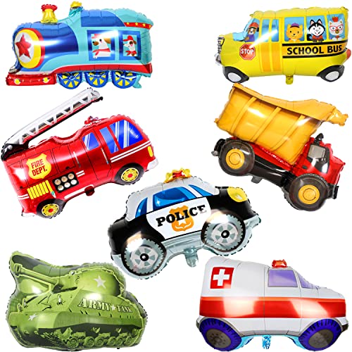 Powmag Auto Formfolie Luftballons 7 Pack Große Größe Party Folienballon, Auto Car Luftballons Set, Züge, Schulbusse, Krankenwagen, Polizeiwagen, Panzer, Feuerwehrfahrzeuge, technische Fahrzeuge von Powmag