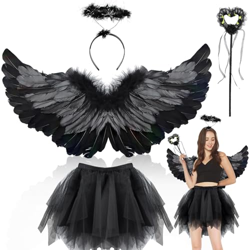 Powmag Engel Kostüm Damen, 4 Stück Schwarz Engel Kostüm Erwachsene, 80CM Engelsflügel, Tüllrock Damen mit Heiligenschein und Zauberstab, Tutu-Rock, Engel Teufel Flügel für Karneval Cosplay Fasching von Powmag