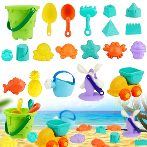 Powmag Sandspielzeug Set, 20 Stück sandkasten Spielzeug für Kinder, Strandspielzeug Mädchen Junge, mit Strandbuggy, Eimer, Netzbeutel, Sandformen von Powmag