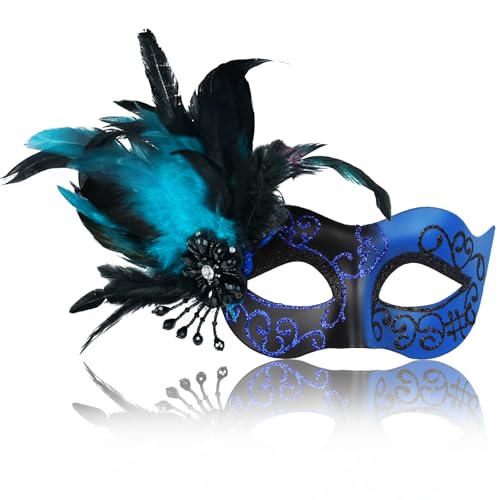 Powmag Venezianische Maske, Maskenball Maske Damen Herren, Masquerade Maske Venezianisch, Masken Kostüm für Karneval Fasching Cosplay Party Maskerade Maske für Frauen mit Stab (1 Stück-Blau von Powmag