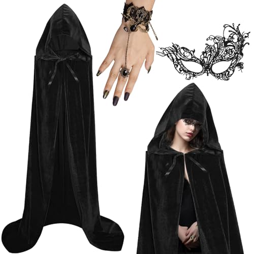 Schwarzer Umhang mit Kapuze Set, 140/150/170CM Umhang Samt mit SpitzeMaske und Gothic Finger Kette, Cape Vampir Kostüm Damen Herren Erwachsener für Karneval Cosplay Kostüm (L) von Powmag