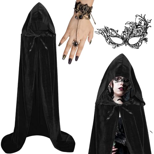 Powmag Schwarzer Umhang mit Kapuze Set, 140/150/170CM Umhang Samt mit SpitzeMaske und Gothic Finger Kette, Cape Vampir Kostüm Damen Herren Erwachsener für Karneval Cosplay Kostüm (M) von Powmag